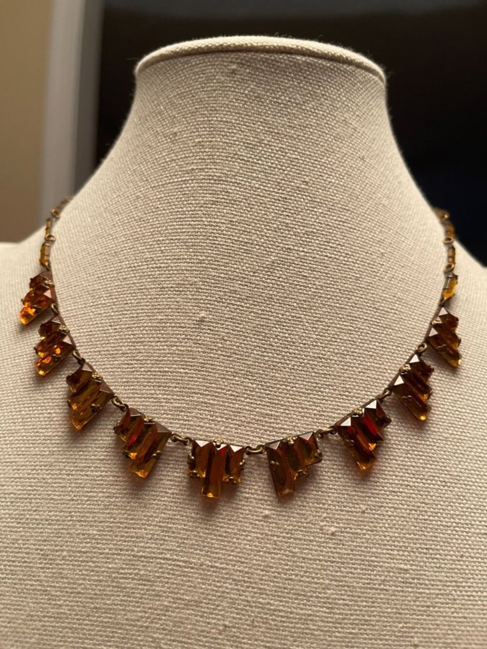 Vtg Art Deco Vauxhall Glass Czech Stepped Link Necklace Amber Golden Yellow Topa